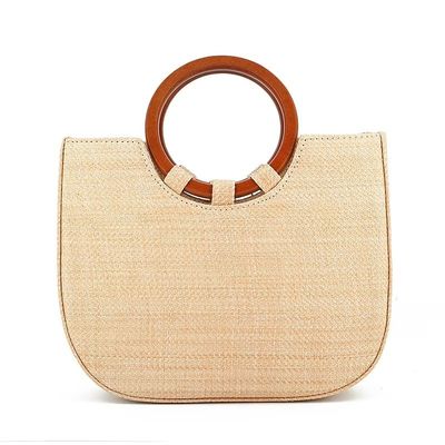 Borsa da donna tessuta con maniglia in legno e erba per il tempo libero con disegni di moda
