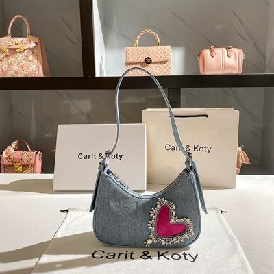 Borsa da mano in denim a forma di cuore per donne con manico singolo chiusura a cerniera rivestimento in cotone