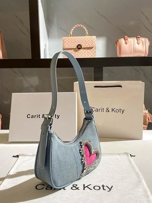 Borsa da mano in denim a forma di cuore per donne con manico singolo chiusura a cerniera rivestimento in cotone