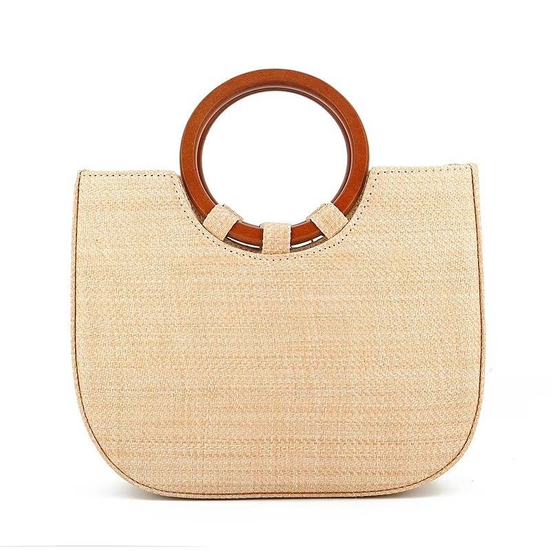Borsa da donna tessuta con maniglia in legno e erba per il tempo libero con disegni di moda