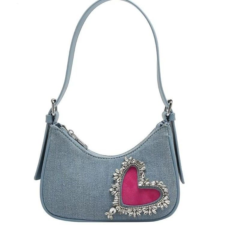 Borsa da mano in denim a forma di cuore per donne con manico singolo chiusura a cerniera rivestimento in cotone